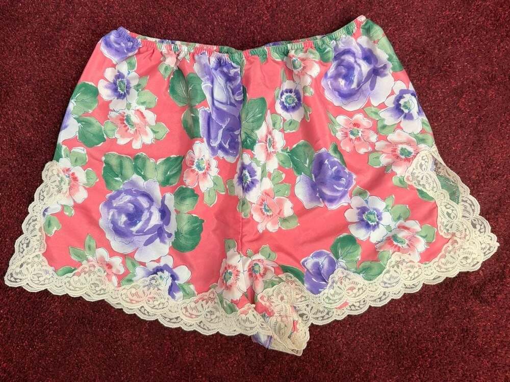 Vintage Victoria's Secret Pink Floral Rose Satin Sleep Shorts with Lace Trim